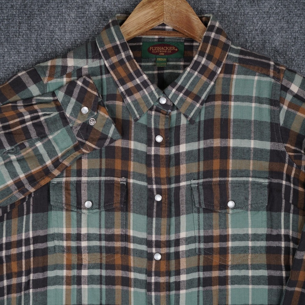 Flyshacker Flannel Shirt Womens M Green Brown Plaid Pearl Snap Western Cotton